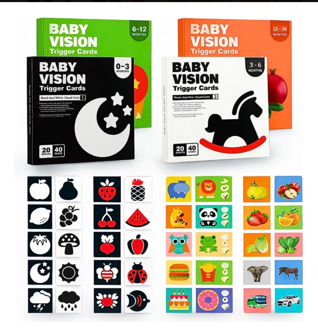 4 Cajas Tarjetas Estimulación Visual Bebes 0-36 Meses Niños