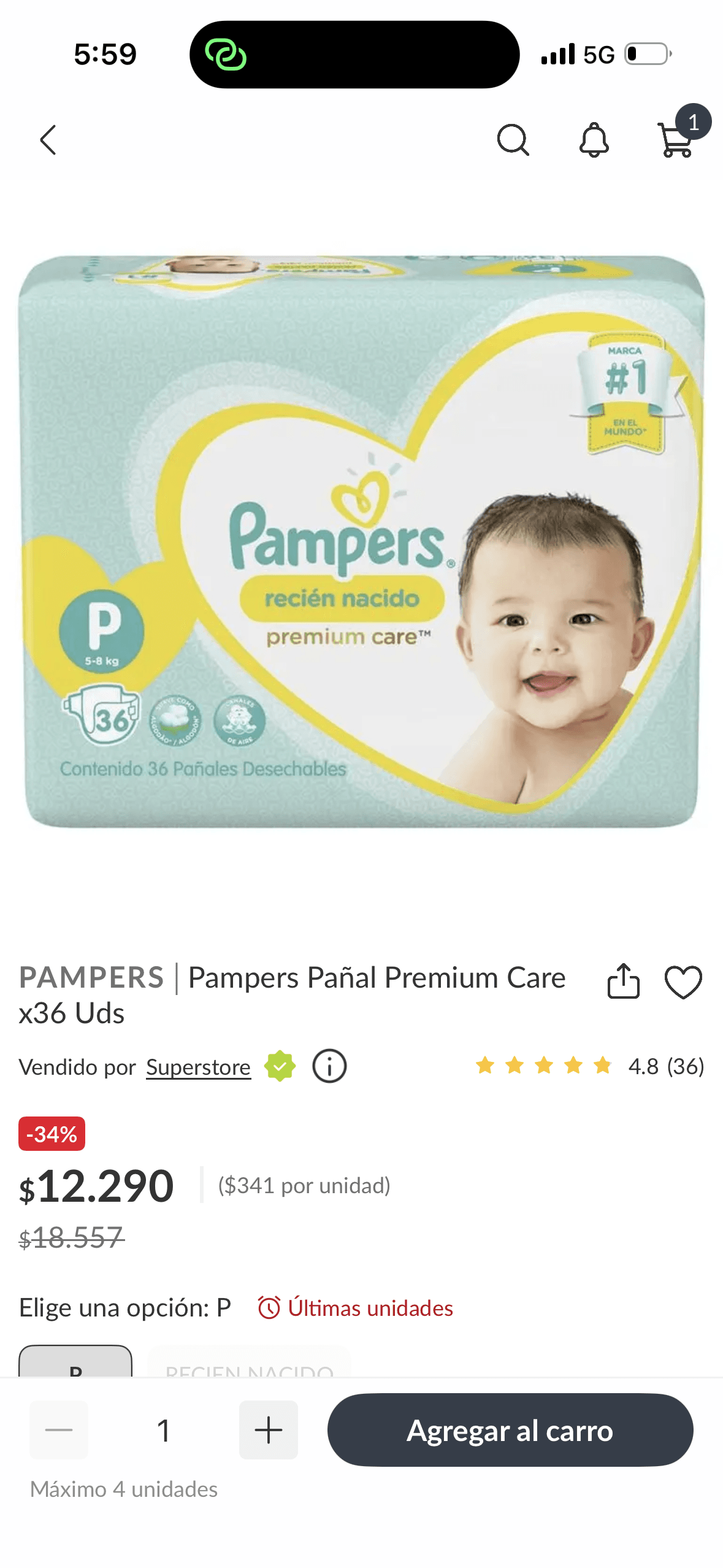 Pañales Pampers premium care talla P : 2 paquetes