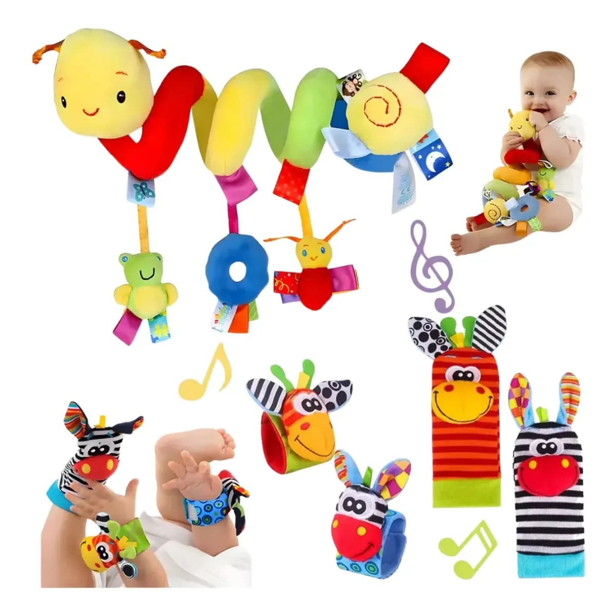 Set Espiral Gusanito Coche Y Juguete Sonajero Mano Pie Bebe