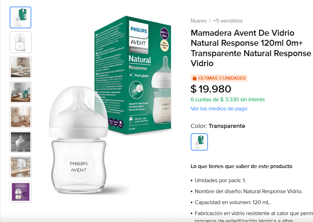 Mamadera Avent anti cólico de vidrio